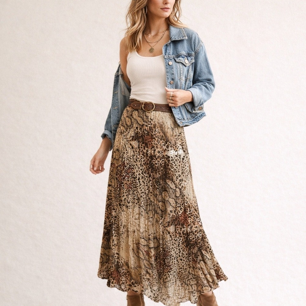 Animal Print Silk Maaxi Skirt Brown Leopard Print flowy Boho Chic Whimsy Medium